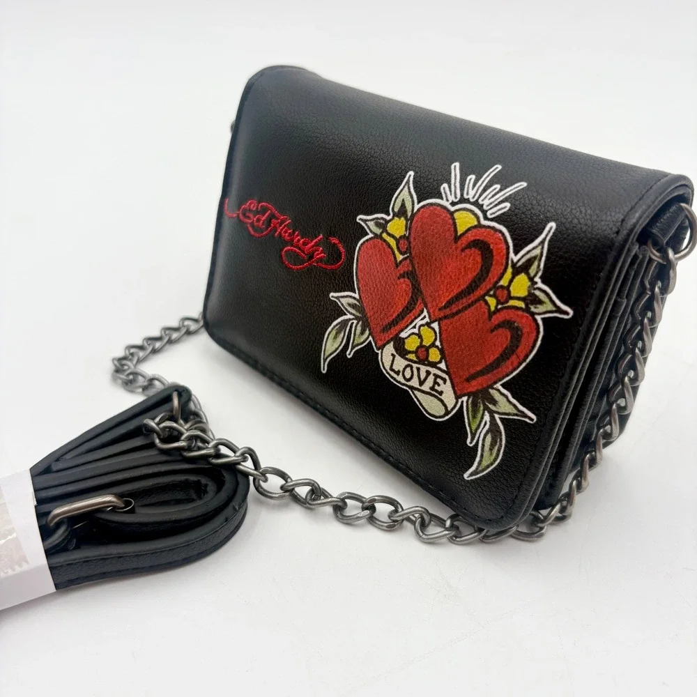 Ed‎ Hardy Black Faux Leather Crossbody Bag with Hearts Tattoo Design Chain Strap